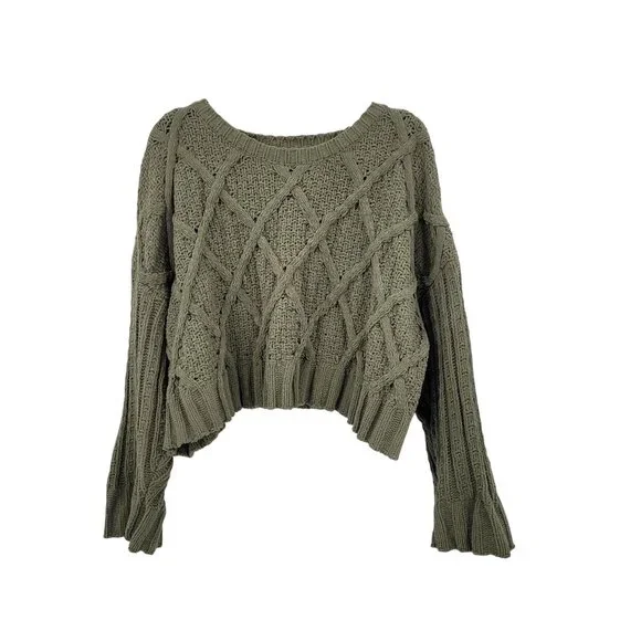 Arizona Jean Chunky Cable Knit Cropped Sweater‎ Sz XXL Olive Green Diamond Boho - Picture 9 of 9